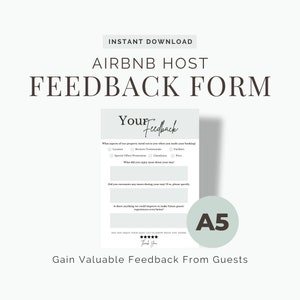 Può includere: Un modulo di feedback stampabile in formato A5 per gli host di Airbnb. Il modulo chiede agli ospiti di valutare la loro esperienza e fornire feedback su posizione, recensioni, testimonianze, offerte speciali, promozioni, pulizia, prezzo e servizi. Il modulo chiede anche agli ospiti di condividere cosa hanno apprezzato di più del loro soggiorno e se hanno riscontrato problemi. Il modulo termina con un messaggio di ringraziamento e un sistema di valutazione a cinque stelle.