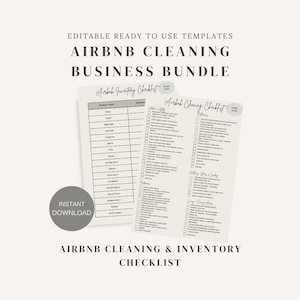 May include: Two printable checklists for Airbnb cleaning and inventory. The checklists are in black and white with gray accents. The checklists are titled "Airbnb Cleaning Checklist" and "Airbnb Inventory Checklist".