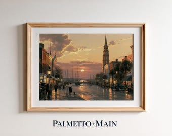 Charleston SC Sunset Printable Wall Art, Historic Downtown Waterfront Painting Digital Download, Lowcountry Coastal Decor