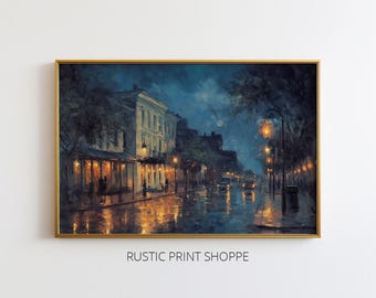 Relaxing Night Street Painting, Vintage Downtown Wall Art (Digital Download)