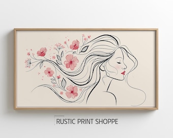 Floral Woman Line Art Printable, Feminine Minimalist Wall Art, Pink Flower Portrait Digital Download, Modern Botanical Decor