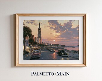 Charleston SC Waterfront Printable Wall Art, Historic Downtown Sunset Painting Digital Download, Lowcountry Coastal Decor
