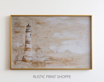 Vintage Lighthouse Printable Wall Art, Coastal Neutral Painting Digital Download, Minimalist Nautical Decor, Beach House Print