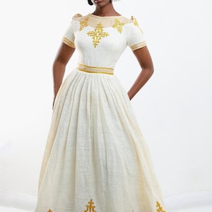 Habesha Kemis Inspired Embroidered Dress with Intricate Gold Design