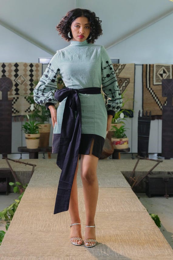 knee length embroidered dress Sleeved Knee-Length with Ethiopian Flair tea length dresses