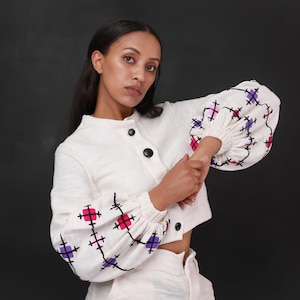 Handwoven Habesha Libs  crop top and pant, Ethiopian Modern Cloth