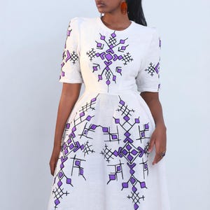 Purple Design Modern Habesha Dress, Ethiopian Kemis