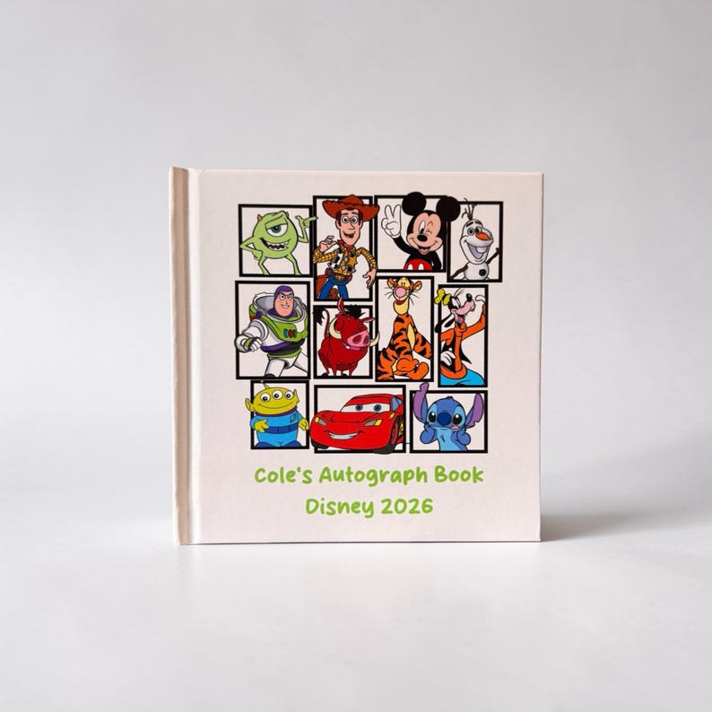 May include: A light beige autograph book featuring a grid of Disney character illustrations. The cover includes characters like Mickey Mouse, Woody, and Stitch. The text "Cole's Autograph Book Disney 2026" is printed in green.