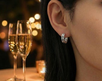 935 Silver Huggie Hoop Earrings – Black Oxidized Dot Details