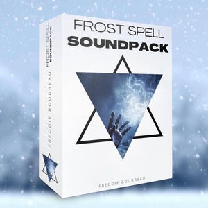 May include: A white box with a black triangle and the text "FROST SPELL SOUNDPACK" in black. The box is labelled "FREDDIE BOUDREAU" and has a smaller image of a triangle with a blue and white image inside.