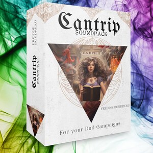 May include: A white box with the text "Cantrip Soundpack" in black lettering. The box features a triangular design with a woman holding a book in the center. The text "For your D&D campaigns" is at the bottom of the box.