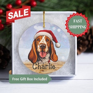 Basset Hound Gift, Personalized Dog Christmas Ornaments, Custom Name Photo Ceramic Ornaments, Christmas Gifts for Dog Lovers, Pet Loss Gifts