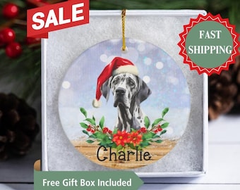 May include: A white and black Great Dane dog wearing a red Santa hat, surrounded by green leaves and red flowers, on a white and blue background with snowflakes. The ornament is personalized with the name "Charlie".