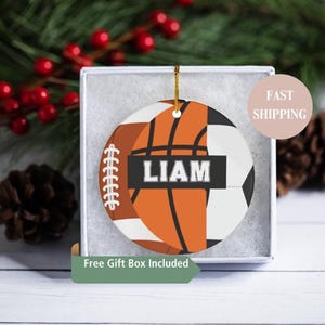 Personalized Basketball Football Soccer Christmas Ornament- 3 Sport Athlete, Christmas Ornament Gifts for Basketball Football Soccer Players