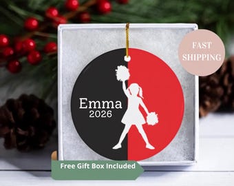 Personalized Cheer Ornament w/ Name & Year, Cheer Gift, Cheer Christmas Ornament, Ceramic Tree Ornament for Cheerleaders, Cheer Team Gifts