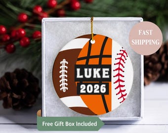 Personalized Basketball Football Baseball w/ Name & Year Charm- 3 Sport Athlete, Christmas Ornament for Basketball Football Baseball Players