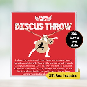 May include: A gold necklace with a discus thrower charm and a letter charm. The necklace comes in a red box with the words "Track and Field Discus Throw" and "Gift Box Included".