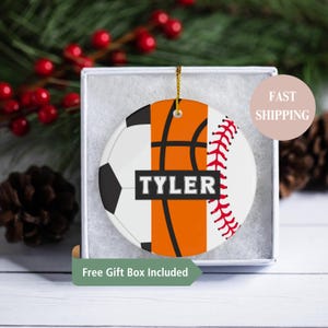 Personalized Basketball Soccer Baseball with Name Charm- 3 Sport Athlete, Christmas Ornament Gifts for Basketball Soccer Baseball Players