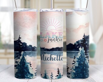 Lake Junkie Tumbler with Name, 20oz Personalized Summer Water Bottle for Lake Lovers, Stainless Steel Cup with Custom Name