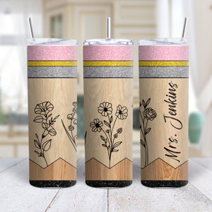 Personalized Teacher Tumbler Gift Custom Name Teacher Cup Travel Mug for Teacher Appreciation Glitter Pencil Skinny Tumbler Teacher Gifts