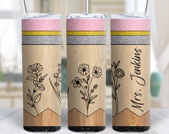 Personalized Teacher Tumbler Gift Custom Name Teacher Cup Travel Mug for Teacher Appreciation Glitter Pencil Skinny Tumbler Teacher Gifts