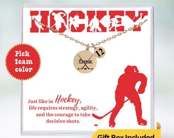 Personalized Ice Hockey Necklace, Custom Hockey Jewelry with Name & Number Charm, Gifts For Ice Hockey Players, Ice Hockey Player Gifts