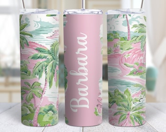 Personalized Palm Trees Tumbler Gift with Name, 20oz Summer Water Bottle for Girls, Stainless Steel Cup with Seaside Design, Gift for Her