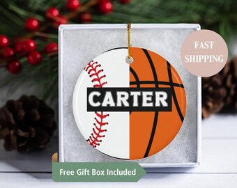 Personalized Basketball Baseball with Name Charm- 2 Sport Athlete, Christmas Gifts for Basketball Baseball Players, Sports Ornament