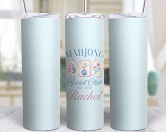 Personalized Mahjong Social Club Winter 20oz Tumbler With Stainless Steel Cup, Pastel Blue Color
