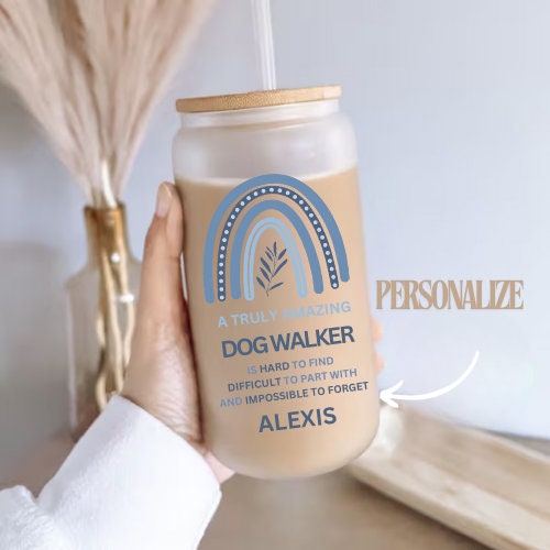 Dog Walker 16oz Iced Coffee Cup Personalized Dog Walker Gift, Cold Drink Cup Frosted Can Glass Smoothie Straw Bamboo Lid