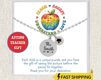 Autism Teacher Gift, Personalized Autism Necklace, Puzzle Necklace, Autism Awareness Gift, Autism Jewelry for Women, Autism Thank You Gifts