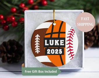 Personalized Basketball Football Baseball w/ Name & Year Charm- 3 Sport Athlete, Christmas Ornament for Basketball Football Baseball Players