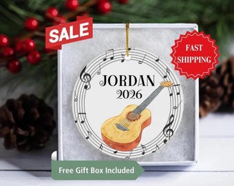 Guitar Ornament, Personalized Acoustic Guitar Ceramic Ornament Gift, Guitar Christmas Gifts, Guitar Player Gift Music Lover Musician Present