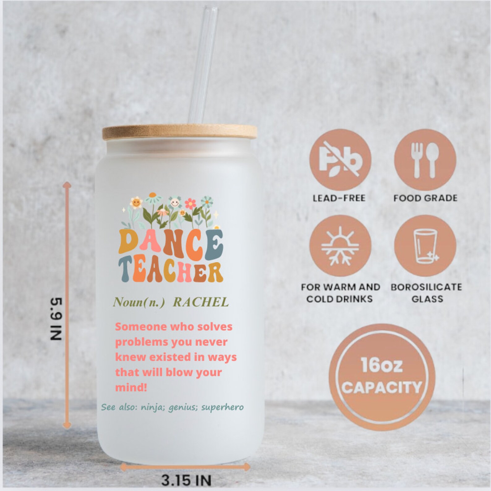 Dance Teacher 16oz Iced Coffee Cup Personalized Dance Teacher Gift ...