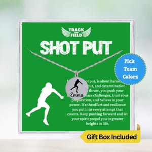 May include: A green gift box with a silver necklace featuring a silver pendant with a silhouette of a shot put athlete. The pendant is engraved with the text "Shot Put" and the name "Emma". The box includes the text "Track and Field" and "Pick Team Colors".