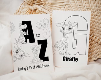 ABC Baby Shower Coloring Pages / A-Z Game Template for Kids / Animal Alphabet Coloring Book / Baby Party Game / English / Digital Download