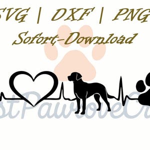 Puede incluir: Diseño gráfico en blanco y negro con silueta de perro, corazón, huella de pata y línea de latido. El texto "SVG | DXF | PNG" y "Sofort-Download" están en la parte superior. Las palabras "Best Paws Love Craft" están en la parte inferior.