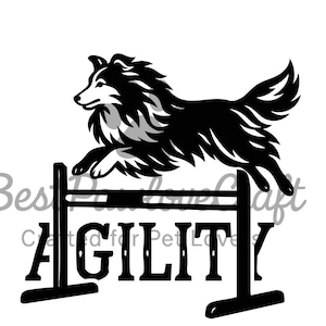 May include: Black and white graphic of a dog jumping over an agility hurdle. The word "AGILITY" is displayed below the hurdle in bold, capital letters. The image is on a white background.