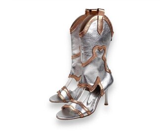 Silber Bronze Sommer Cowboy-Stiefel, Western Heels mit offenem Zeh, Konzertschuhe, Perfektes Geschenk für Sie, handgefertigte einzigartige Schuhe mit schmalem Absatz