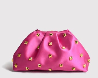 Luxury Pink Satin Evening Clutch Bag with Gold Rivets, Medium Size Handbag, Elegant Top Handle Purse - Perfect for a Night Out