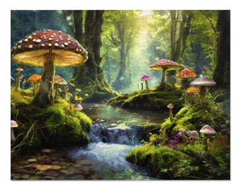 Magical Mushroom Jigsaw Puzzle in an Enchanted Forest: Streamside Serenity, Enchanted Mushrooms, Mushroom Woods, Magic Land Jigsaw Puzzle
