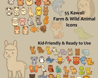 55 Kawaii Animal Icons – Farm & Wild PNG Clipart (Transparent)