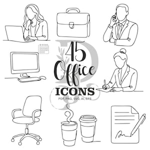 45 minimalistische, handgezeichnete Symbole| One Line Business Icons | Unternehmenswandkunst, Meeting Clipart, bearbeitbare Vektordateien (SVG, PNG, AI)