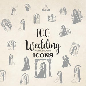100 Wedding Icons SVG PNG EPS | Wedding Timeline Clipart | Line Art Illustrations | Couple, Cake, Rings, Floral Icons