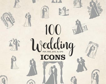 100 Wedding Icons SVG PNG EPS | Wedding Timeline Clipart | Line Art Illustrations | Couple, Cake, Rings, Floral Icons