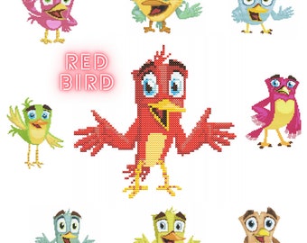 Schema punto croce uccello rosso, download PDF istantaneo, grafico Xstitch personaggio dei cartoni animati per bambini
