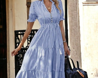 Striped Midi Summer Dress | Blue Striped Women's Dress | Beach Dress | Holiday Dress | Lantern Sleeve Summer Dress