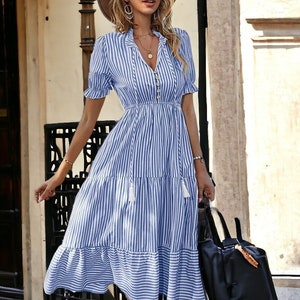 Striped Midi Summer Dress Blue Striped Women's Dress Beach Dress Holiday Dress Lantern Sleeve Summer Dress zdjęcie 1