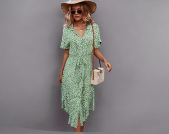 Summer Dress Robe | Spring Summer Dress | Green Casual Dress | Elegant Dress Robe | Holiday Dress