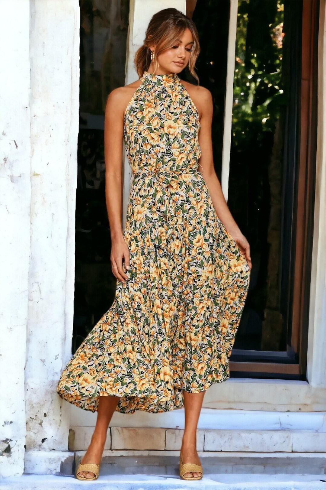 Halter Summer Dress Yellow Flower Strapless Summer Dress Casual Holiday ...